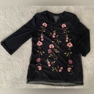 Chico's Black Top with Pink Floral Embroidery